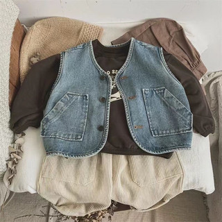 Áo gile denim trẻ em mới mùa xuân và mùa thu, áo gile retro thời trang cho trẻ em, áo khoác cho bé