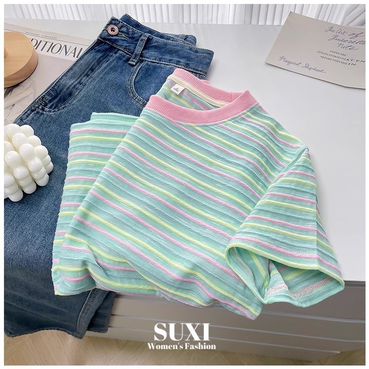 SUXI Áo thun ngắn tay cổ tròn sọc cổ tròn Cotton mới mùa hè 240624