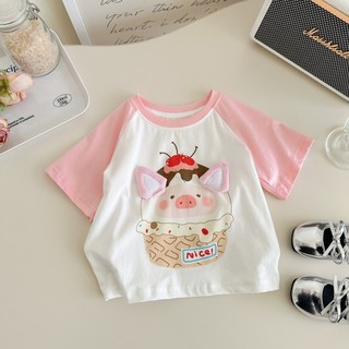 Áo thun ngắn tay mùa hè mới cho bé gái, in hình lợn 3D thời trang, áo nửa tay cho bé gái