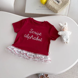 Áo phông bé gái tay ngắn cotton phong cách Hàn Quốc mùa hè phối ren in chữ