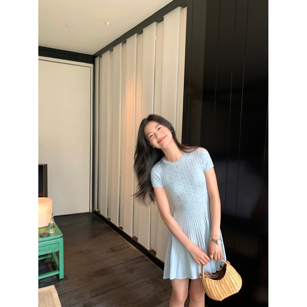 SUXI Váy dệt kim ngắn tay cổ điển đơn giản mùa hè mới dành cho nữ 250512
