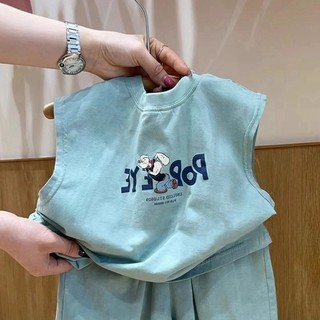 Bộ áo vest cotton mỏng mùa hè cho bé trai, áo thun không tay in hình hoạt hình và quần short hai mảnh