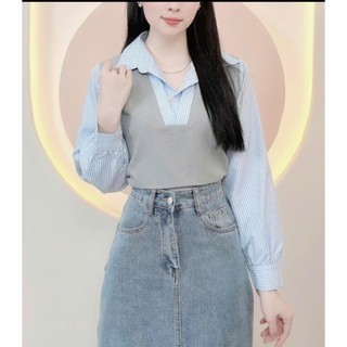 Đồ  bigsize nữ gồm áo  kiểu và áo phối cổ sơ mi tay bồng điệu đà đi học, đi làm cho nàng Chuppy- SM188+SM185