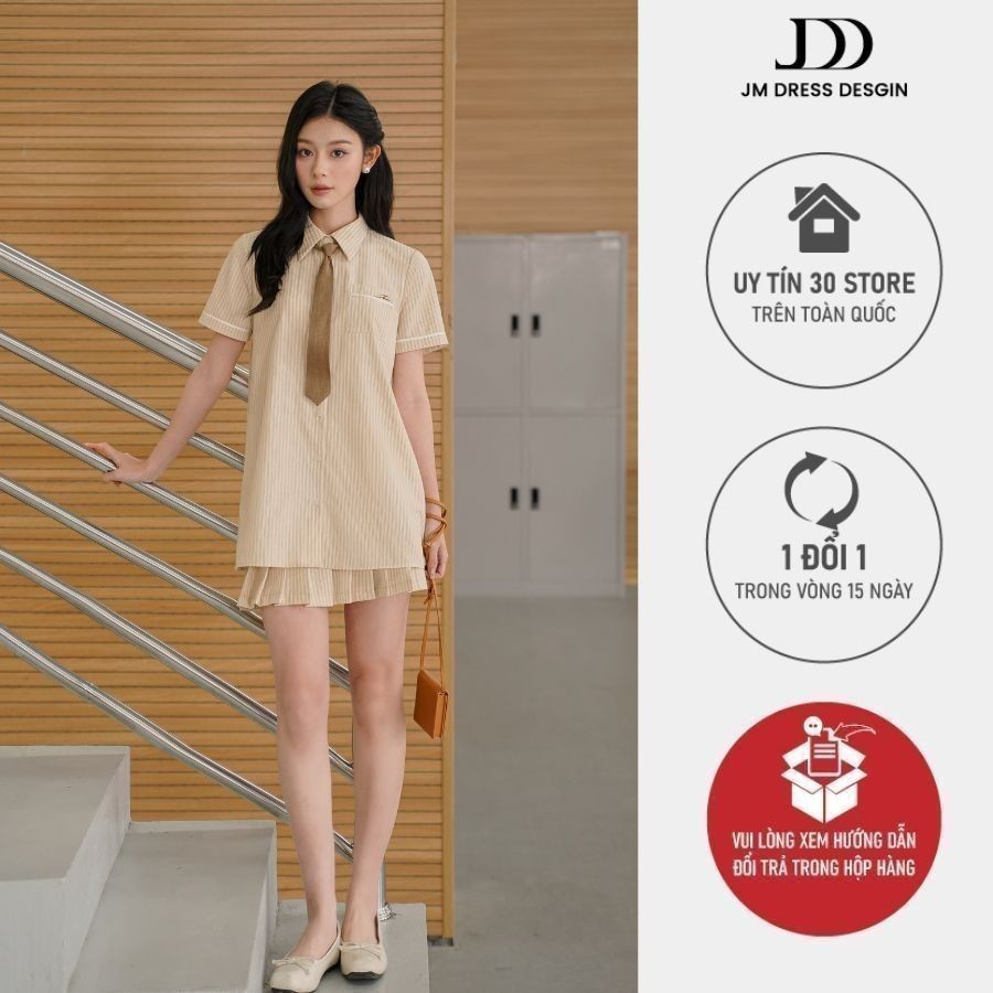 Ảnh Set đồ Áo sơ mi cổ đức dáng suông túi ốp 2S12.2503K, Chân váy poplin xếp ly 4S12.2503K, set sơ mi chân váy xếp ly JM 1