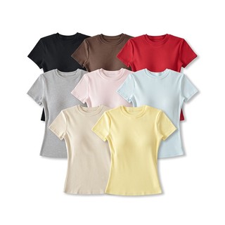 Đơn giản Spice Girl Wind Suit bó sát với miếng đệm ngực Áo thun tay ngắn Quần Short lưng cao Bộ đồ hai mảnh