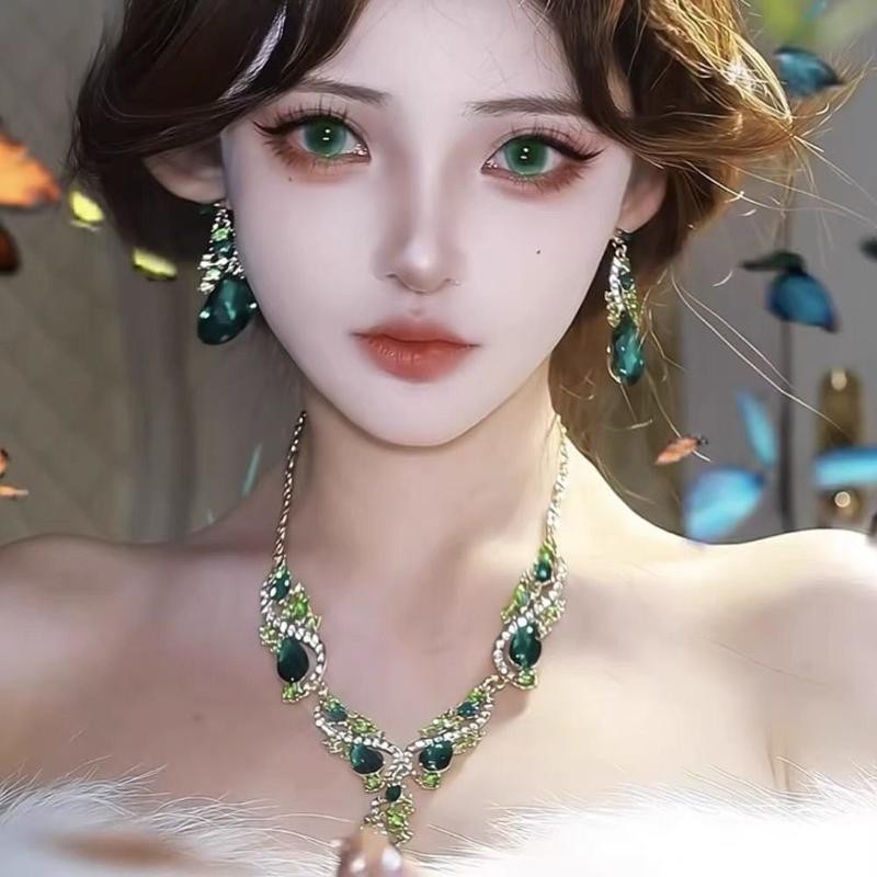 Retro Cung Điện Phong Cách Xanh Giọt Nước Vòng Cổ Bông Tai Nữ Ánh Sáng Sang Trọng Cảm Giác Cao Cấp