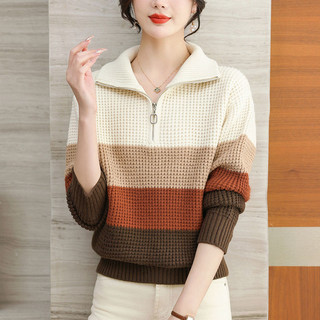 Phong Cách Mới Mẹ Trẻ Thu Đông Thời Trang Áo Len Chặn Màu Nữ Rời Plus Kích Thước Sọc Top Dệt Kim