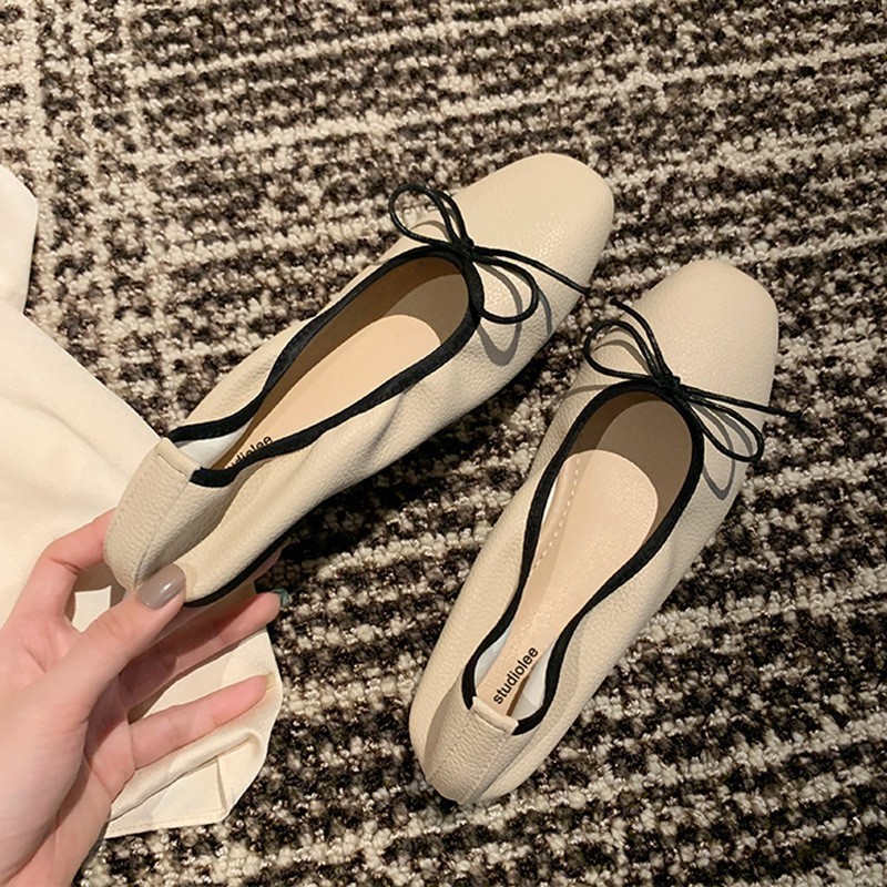 Bowknot Mùa Hè Pháp Slip-On Nữ Ngón Chân Vuông Đế Mềm Giày Ba Lê Đế Bằng Nữ Mặc Ngoài 24.12.11