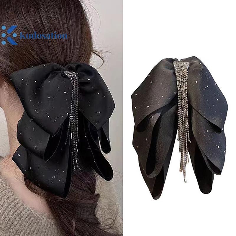 Kudosation Thanh Lịch Kim Cương Giả sel Đen Ba Lớp Nơ Tóc Móng Vuốt Cho Nữ Ngọt Ngào Thời Trang Phụ Kiện Tóc