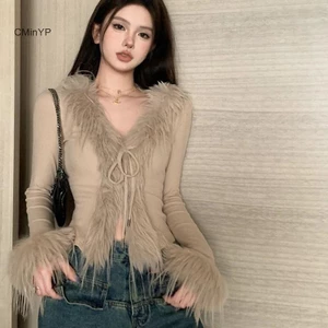 Cminyp Hàn Quốc Hot Girl Furry Cổ Chữ V Dài Tay Không Đều Mỏng Áo Len Ngắn Cardigan Glory