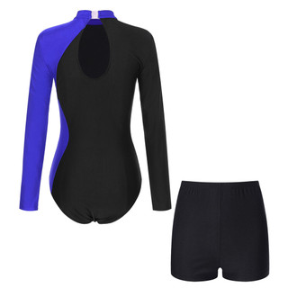 Yhong Nữ Tay Dài Choàng Cổ Màu Khối Lấp Lánh Kim Cương Giả Leotard Có Quần Short Cho Thể Dục Vũ Hình Trượt Băng
