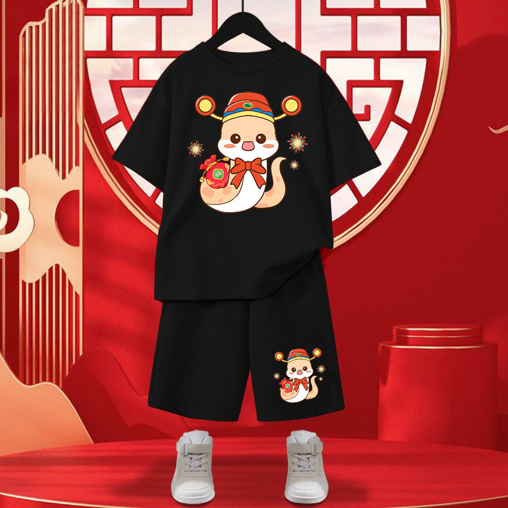 Bộ Áo thun in hình rắn năm 2025 CNY Áo phông & Quần đùi rộng ngoại cỡ cho trẻ em hoàn hảo cho lễ kỷ niệm Tết Nguyên Đán