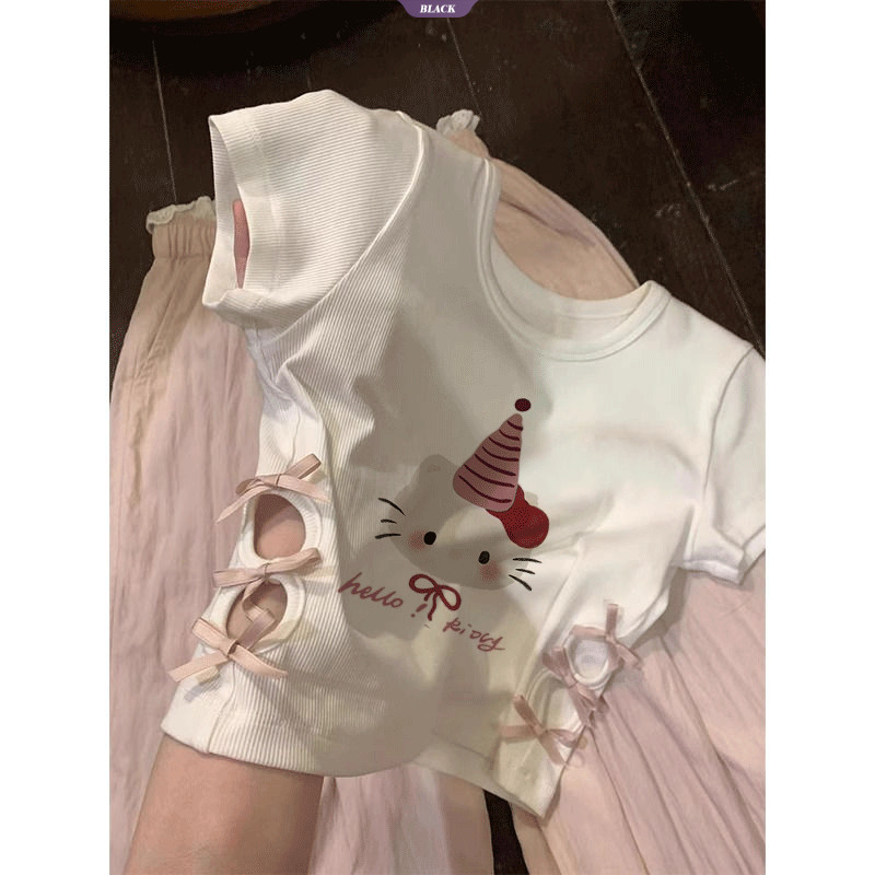 Trắng Spice Girls Áo thun ngắn tay ngắn nữ mùa hè Sweet Spice Slim Hello Kitty Hollow Out Tops [BL]
