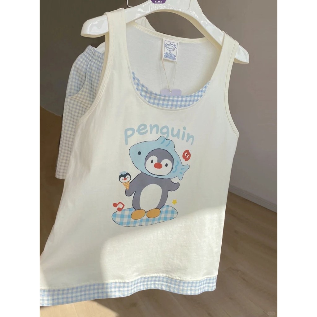 Bộ Đồ Ngủ Mùa Hè Nữ 2025 Mới Vest Quần Short Phù Hợp Với Hoạt Hình Dễ Thương Chim Cánh Cụt Giải Trí Mặc Ở Nhà [BL]