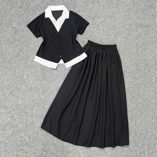 Set Áo Váy Bigsize Nữ Áo Sơ Mi Kiểu Kèm Chân Váy Midi Dài Xòe Che Khuyết Điểm Cho Chubby