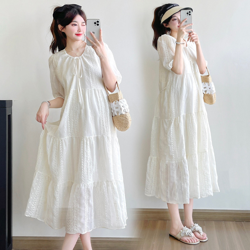 Trang phục bà bầu Mùa hè Phiên bản Hàn Quốc Thời trang dáng rộng Kích thước lớn Váy thêu