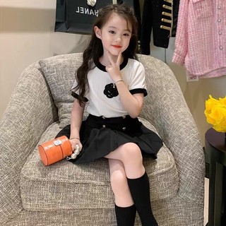 Áo tay ngắn cổ tròn phối chân váy xếp li 18-50kg 6-14 tuổi mẫu  HOA TRÀ.Set váy áo cho bé gái. TT3