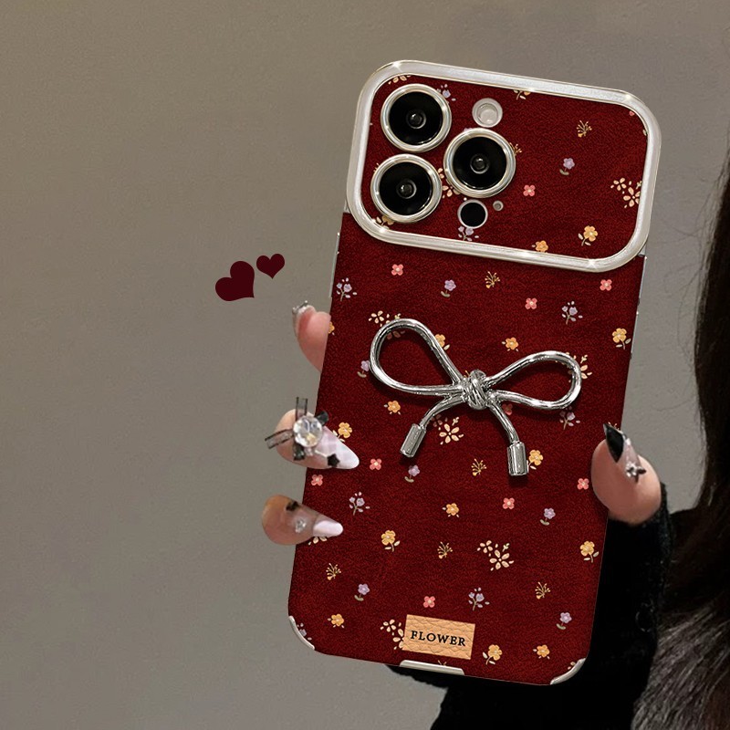 Nền Đỏ toàn màn hình nơ hoa phù hợp với 15 vỏ điện thoại da 16 cửa sổ lớn iPhone