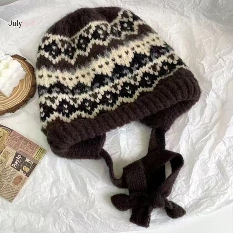 Julyhot 1 Bảo Vệ Tai Thu Đông Phong Cách Đường Phố Mũ Dệt Kim Nữ Retro Kép Sử Dụng Túi Len Ấm Áp Mũ Massivedeals