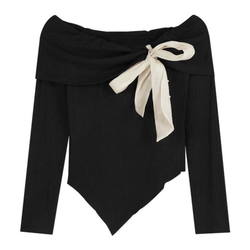 Áo trễ vai nữ sang chảnh trễ vai chất thun len dài tay thắt nơ đính ngọc trai A087 top women