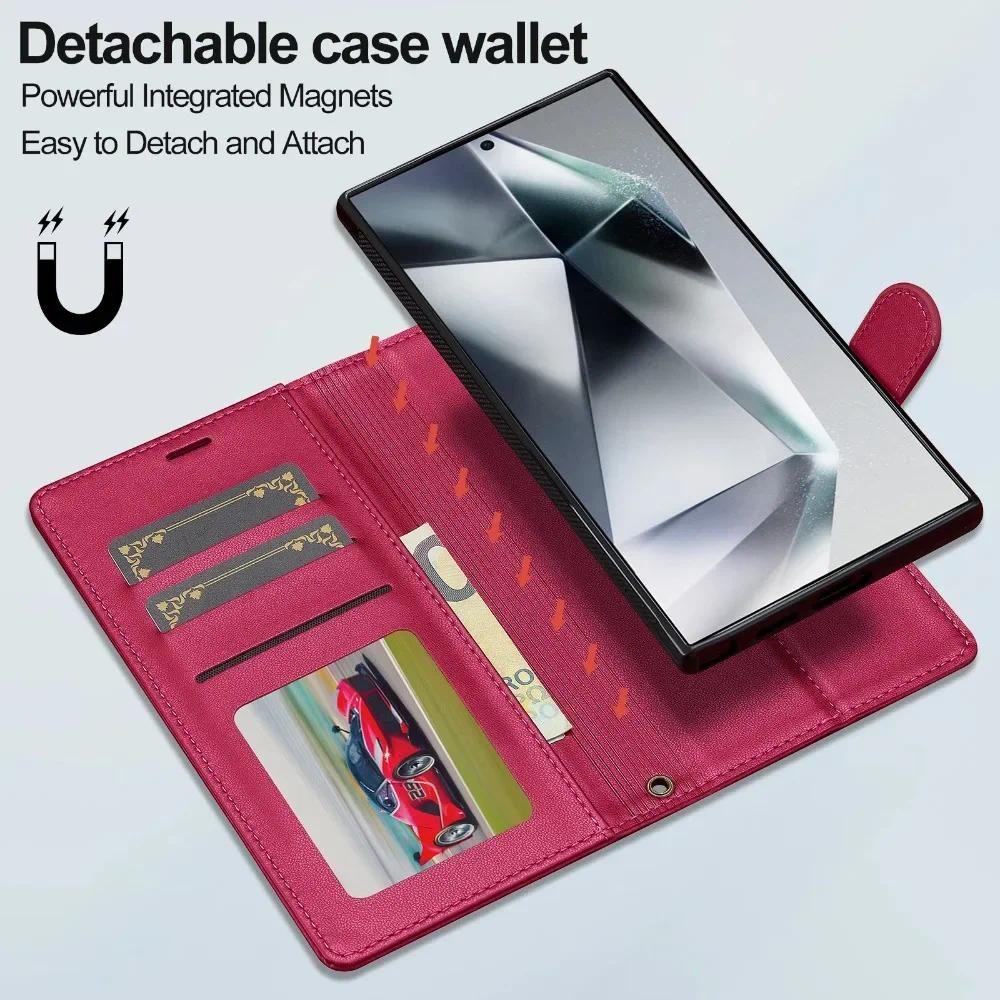 Ví có thể tháo rời Khe cắm thẻ Hộp đựng bằng da PU cho Samsung Galaxy S25 Ultra S24 FE S21 S20 S23 S22 + Plus A55 A54 A35 A16 A15 A14 5G Chân đế từ tính Dây đeo cổ tay chống sốc