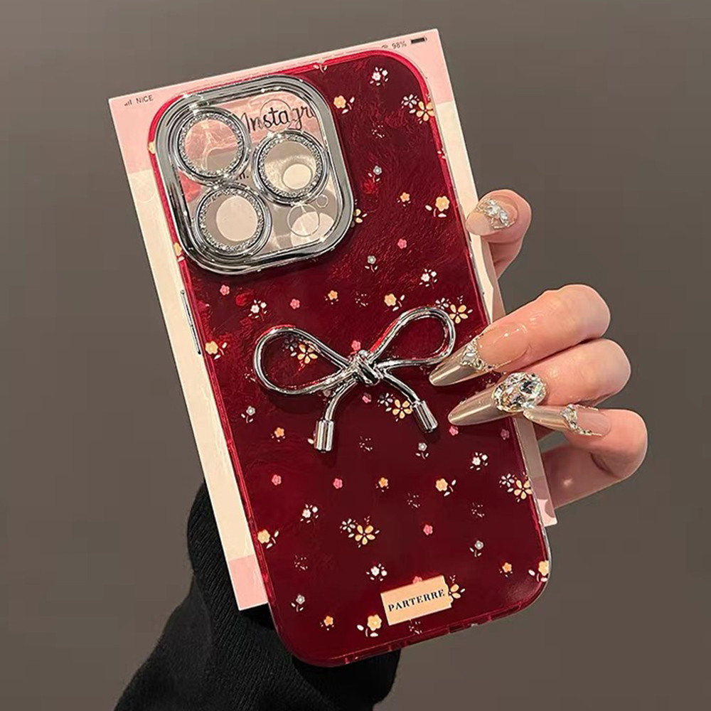 Nơ Lập Thể Với Phim Ống Kính Lấp Lánh Vỏ Điện Thoại Acrylic Cho iPhone 17 Pro Max 17 Air 16 Plus 15 14 13 12 11 Pro Max Vỏ Bảo Vệ Chống Sốc