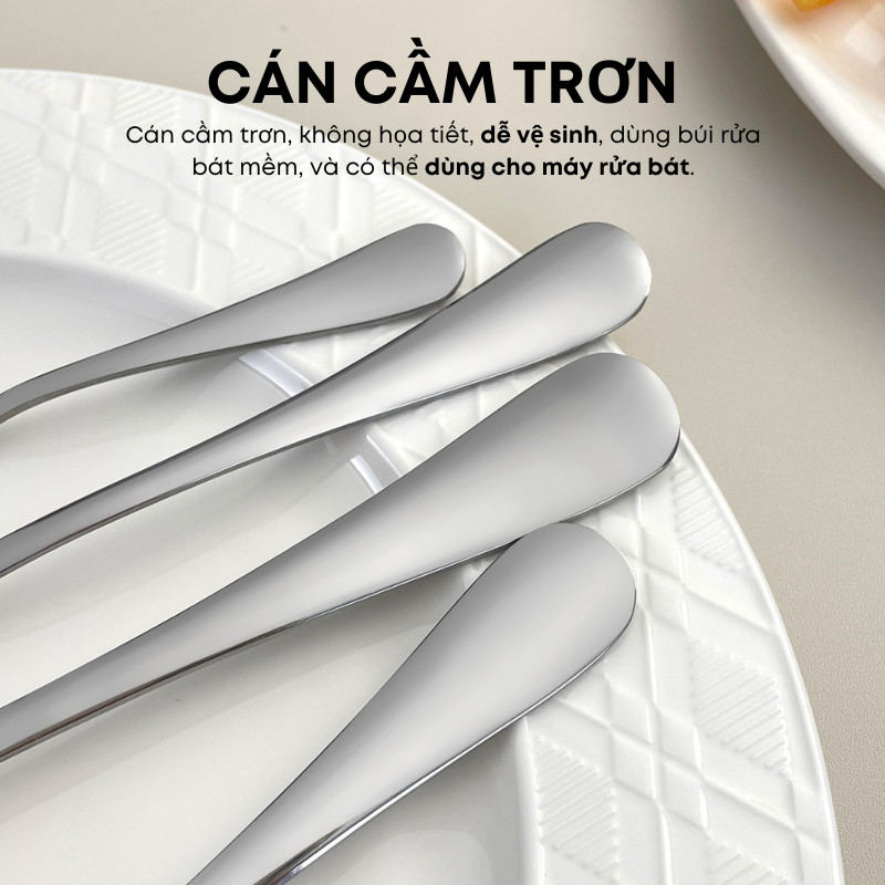 Bộ Muỗng Thìa Inox Miệng Tròn Cán Trơn Nhiều Kích Cỡ Cao Cấp Sáng Bóng Bền Đẹp T3