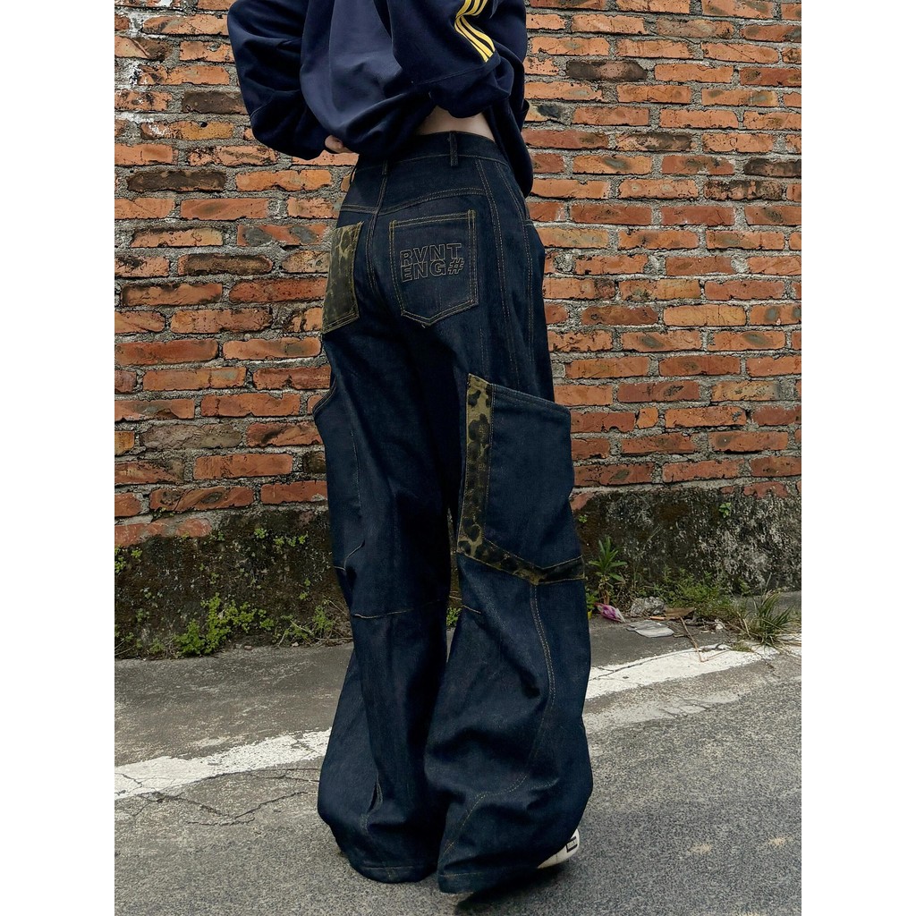 Kii Wii Quần jean ống rộng dáng rộng in họa tiết da báo cổ điển dành cho nữ 241220