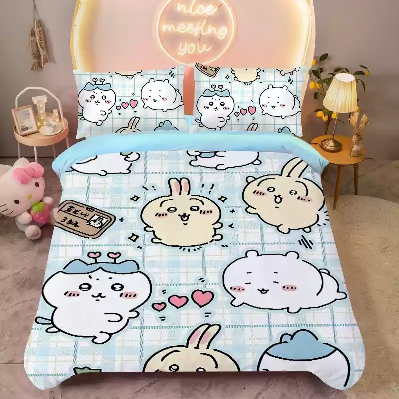 ST2 Chiikawa Usagi 3IN1 Ga trải giường Vỏ chăn gối Bộ chăn ga gối Phòng ngủ gia đình Bộ đồ hoạt hình có thể giặt được TS2