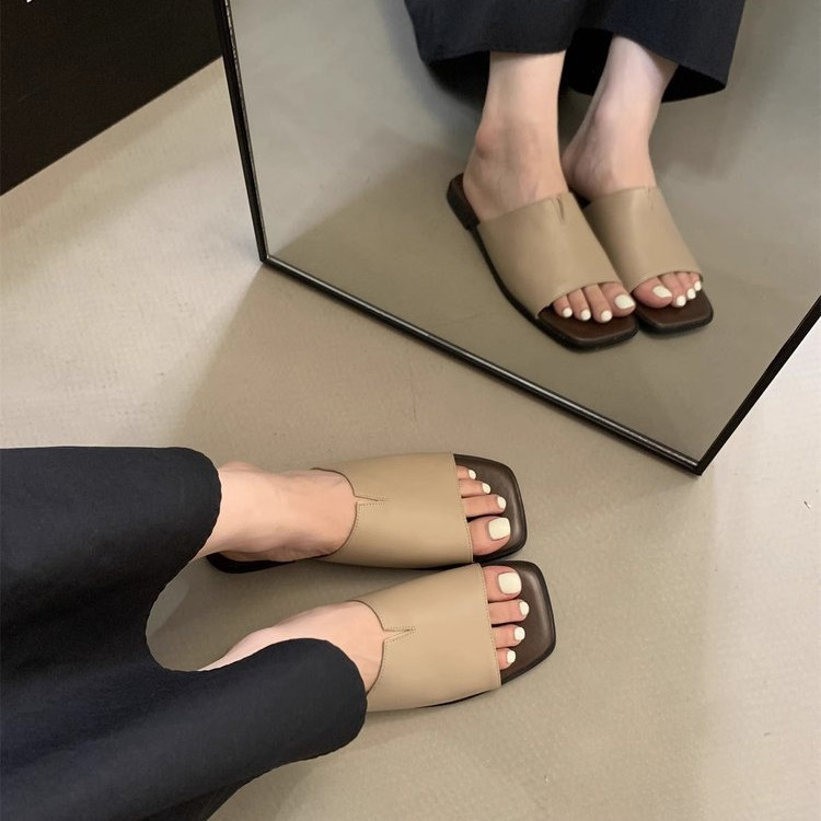 Mùa Hè Retro Mở Mũi Thấp Đế Bằng PU Mũi Vuông Màu Trơn Niche Thời Trang Nhẹ Slip-On Nữ Thường Ngày Nhà Ngoài Trời Mặc Slipp
