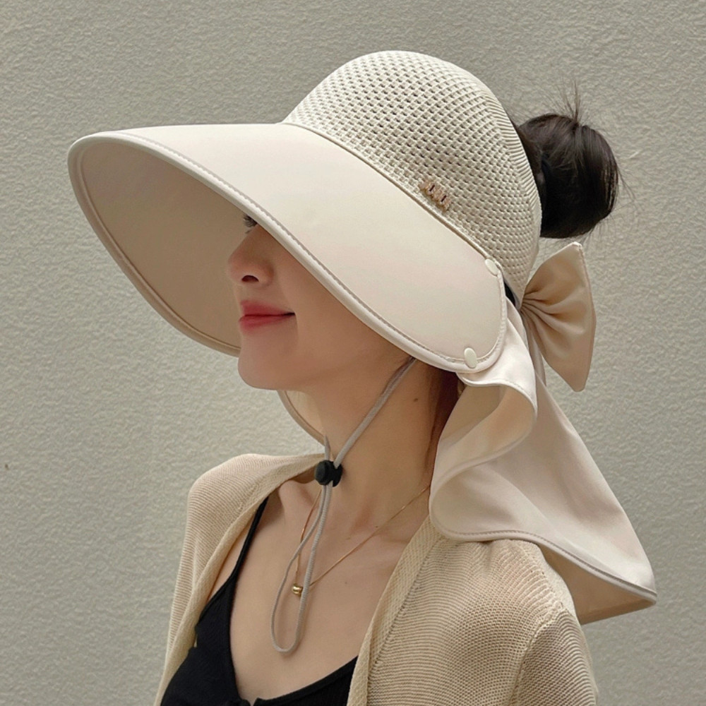 Mũ Nửa Đầu Nữ Vành Rộng Kèm Khăn Che Cổ, Mũ Nón Chống Nắng Có Dây Thắt Nơ Phong Cách Hàn Quốc