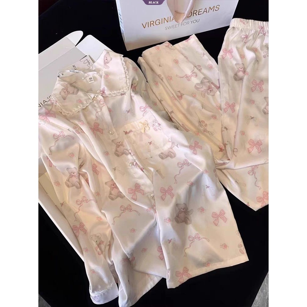 Ren Hoạt Hình Gấu Nơ Lớn Ice Silk Bộ Đồ Ngủ Nữ Xuân Hè 2025 Mới Dài Tay Mặc Ở Nhà [BL]