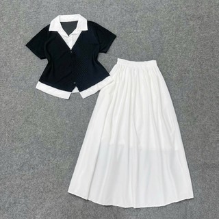 Set đồ nữ bigsize 2 món áo kiểu sơ mi phối váy dáng dài xòe che khuyết điểm lưng chun thoải mái SET(SM185+CV15)
