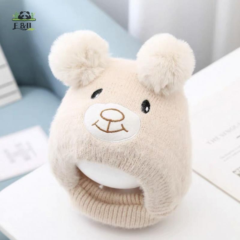 [SHNZDD] Bò Gấu Dễ Thương Cho Bé Hoạt Hình Mũ Dệt Kim Ấm Áp Thu Đông Trẻ Tập Đi Mũ Bảo Vệ Tai EMKK