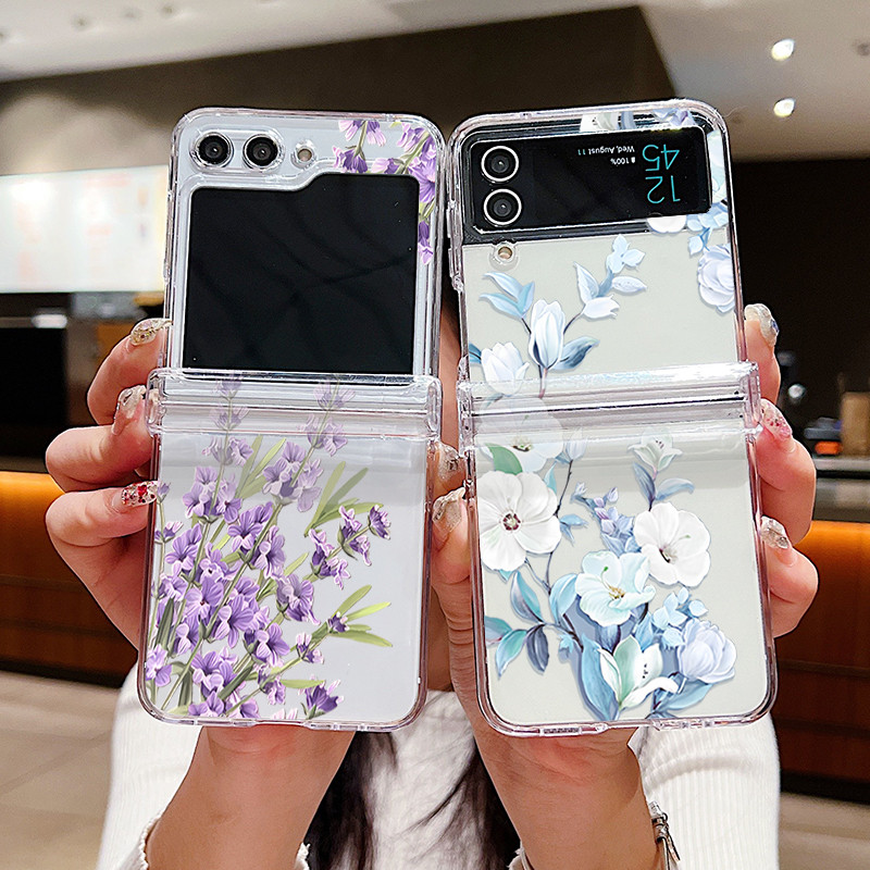 Hoa Họa Tiết Trong Suốt Ốp Lưng Điện Thoại Samsung Galaxy Z Flip 7 Flip 6 Flip 5 Flip 4 Flip 3 5G Full Bản Lề Cứng PC Gấp Bao Dành Cho Samsung Z Flip7 Flip6 Flip5 Flip4 Flip3