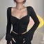 Áo Kiểu Nữ Tay Dài PINKSTORE29 Cổ Vuông Phối Dây Rút Ngực Gợi Cảm A5744