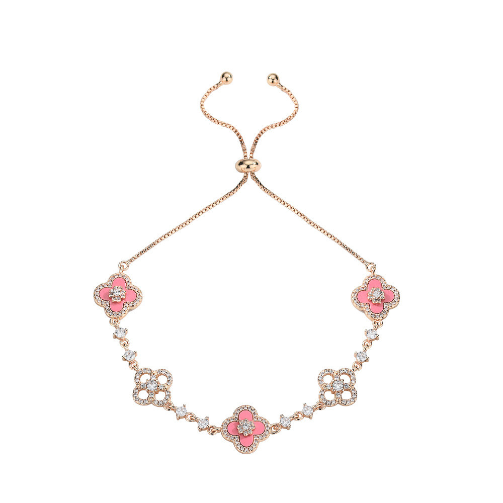 Phiên bản cao mạ vàng thật bốn cánh hoa Zircon May Mắn Cỏ Bốn Lá Hoa Sâm panh Vàng tính khí Vòng tay có thể điều chỉnh EK2S
