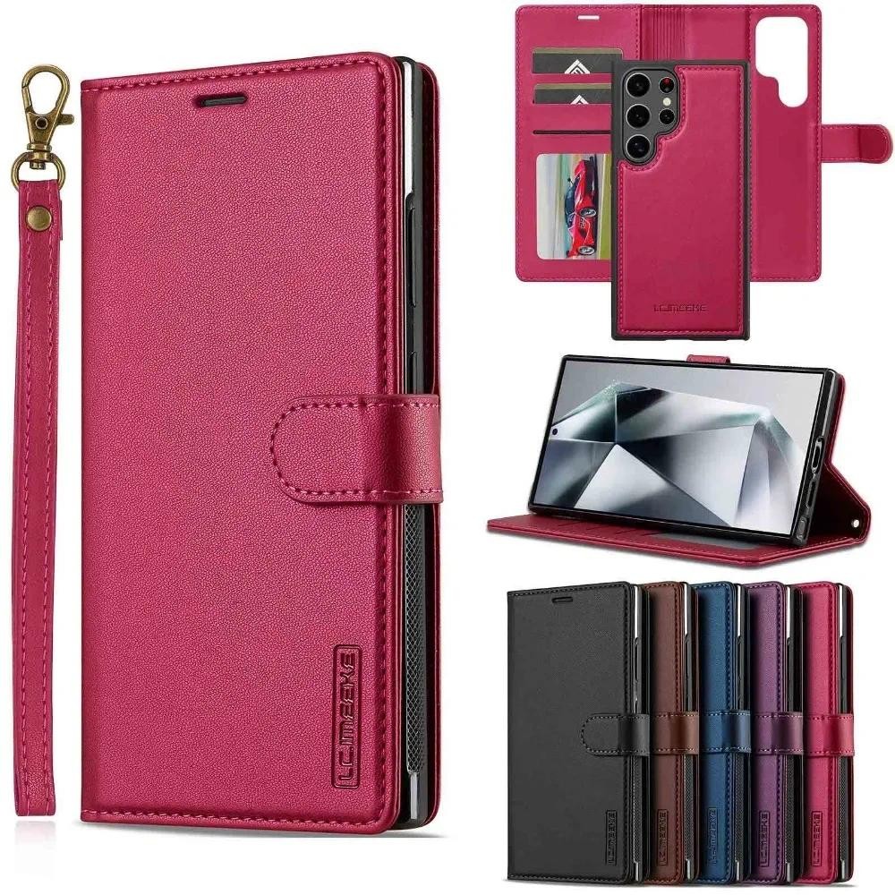 Ví có thể tháo rời Khe cắm thẻ Hộp đựng bằng da PU cho Samsung Galaxy S25 Ultra S24 FE S21 S20 S23 S22 + Plus A55 A54 A35 A16 A15 A14 5G Chân đế từ tính Dây đeo cổ tay chống sốc