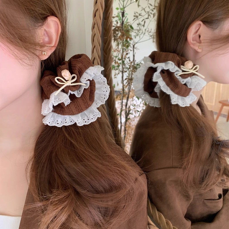 Dây Buộc Tóc Scrunchies Viền Ren Đính Nơ Hoa Hồng Style Retro Pháp Phụ Kiện Tóc Nữ Empoli