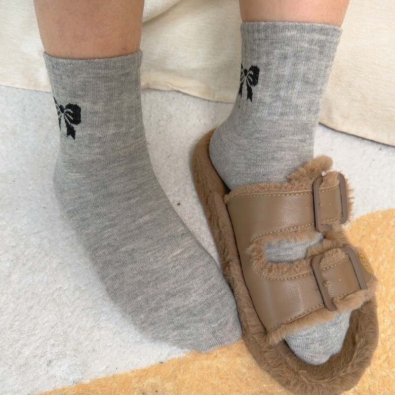 2 Đôi Tất Ống Giữa Nơ - Thoải Mái, Thoáng Khí, Mềm Mại, Phong Cách INS - Vớ Cotton Giữa Ống Chống Pilling - Tất Dày Mùa Thu Đông Ấm Áp