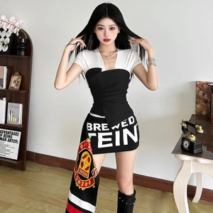 Klalien Bộ 3 món thanh lịch Bộ áo liền quần tay ngắn cổ chữ V + Áo Vest không tay không đều + Váy ruy băng in chữ màu trơn gợi cảm thường ngày dành cho nữ mới