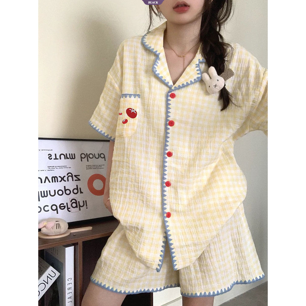 Bộ đồ ngủ kẻ sọc đơn giản Nhật Bản Nữ mùa hè Cà chua ngọt Quần Short ngắn tay dành cho học sinh Bộ đồ mặc nhà rộng rãi [BL]