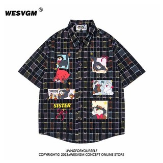 Áo sơ mi tay ngắn họa tiết mèo retro vui vẻ, đa dạng màu sắc và kẻ sọc cho cả nam và nữ