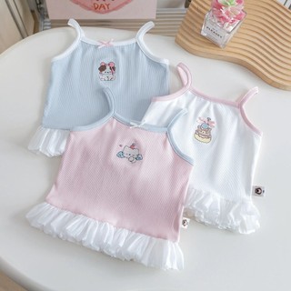 Áo thun camisole mùa hè ngọt ngào cho bé gái, áo vest ren không tay thêu hoạt hình cho trẻ em