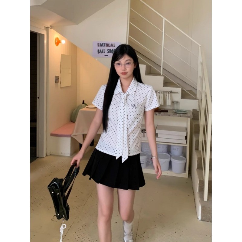 SUXI Áo sơ mi chấm bi kiểu Pháp trắng mùa hè mới dành cho nữ 250509