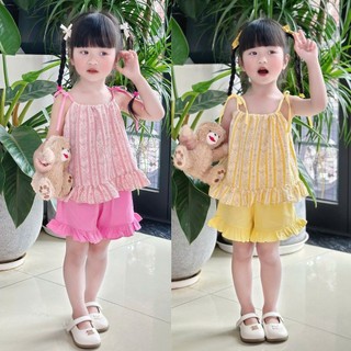 Set Bộ Hè Mát 2 Dây Sọc Hoa Cho Bé Gái Áo Đũi- Quần Cotton 8-22kg