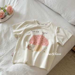 Áo phông bé gái in chữ hoạt hình dễ thương, cotton, mẫu mới mùa hè