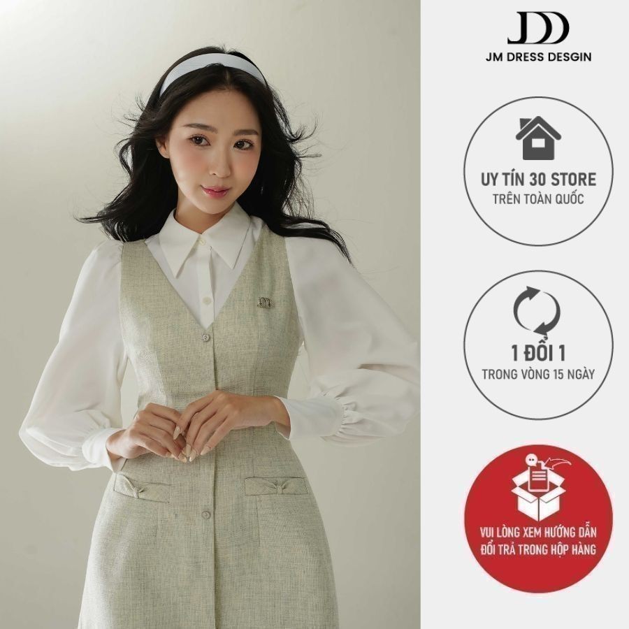Ảnh Đầm phối cổ V, túi nơ cách điệu 1F24.2410TW, váy đầm dáng chữ a phối sơ mi một lớp kiểu dáng đơn giản nhưng tinh tế JM 1