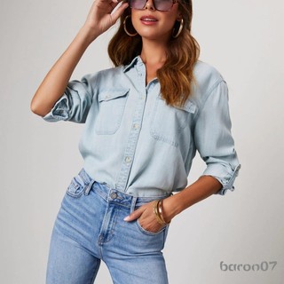 Áo Sơ Mi Nữ Denim Màu Trơn Xoay Cổ Dài Tay Jean Áo Mùa Xuân Rời Áo Dạo Phố
