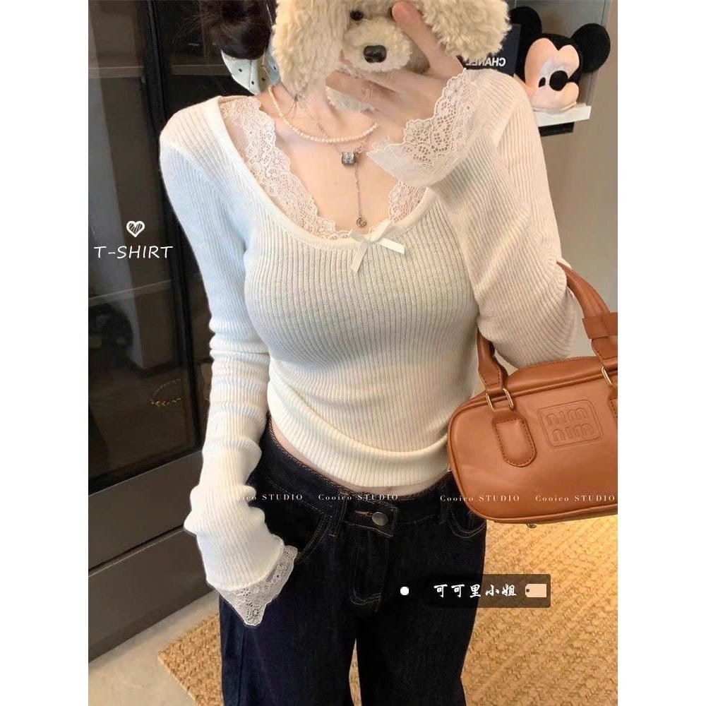 Áo thun thu đông tay dài ôm body thiết kế ren nơ siêu tôn dáng hottrend thu đông XIMIMI SP247